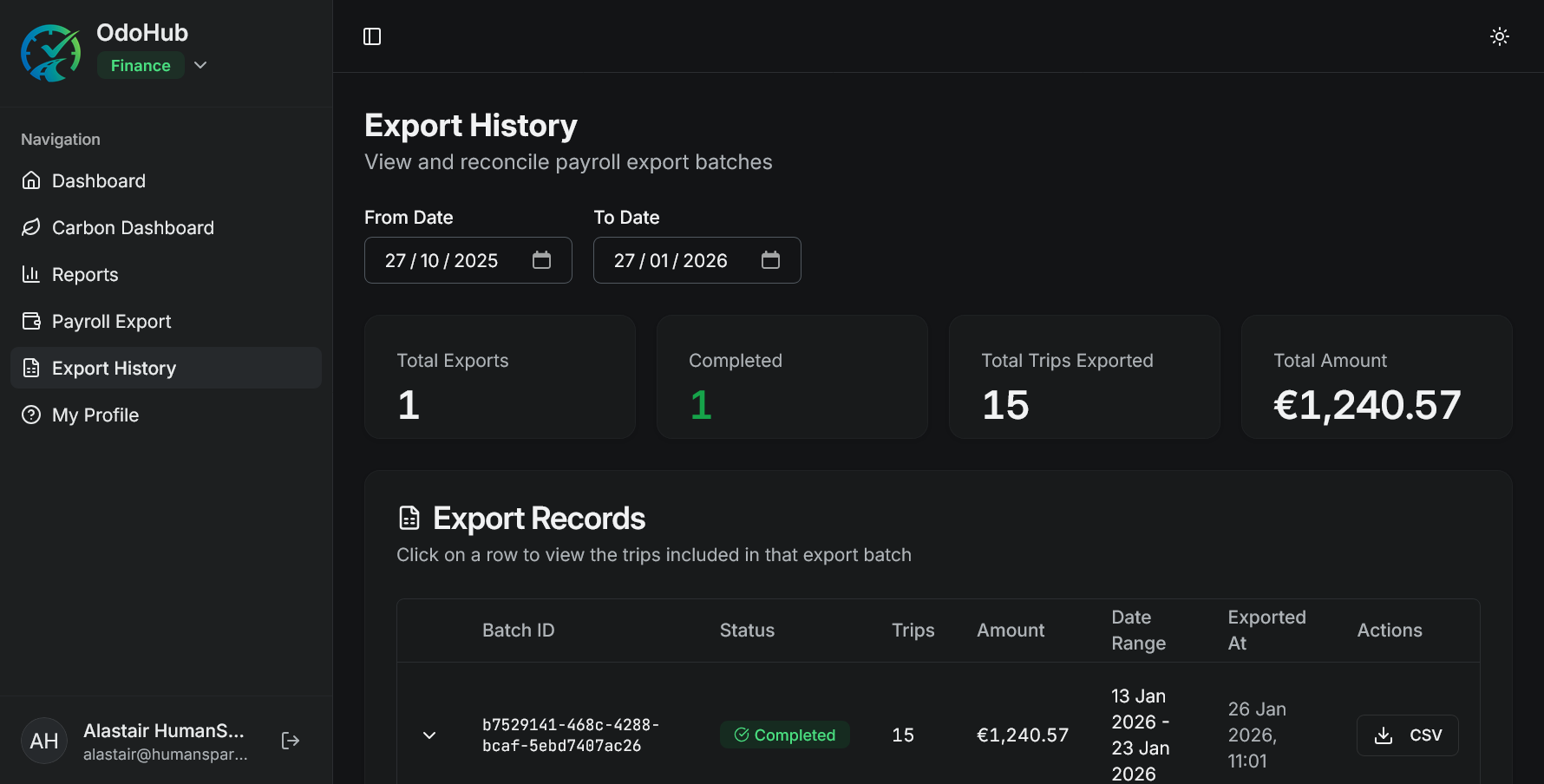 Payroll Export Screen